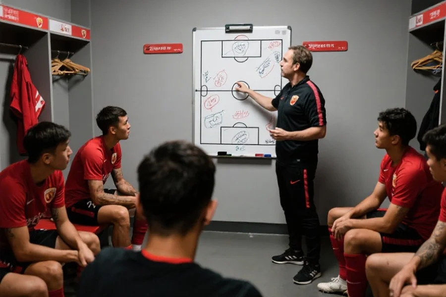教练在更衣室战术板前讲解，球员专注聆听，战术图清晰可见
