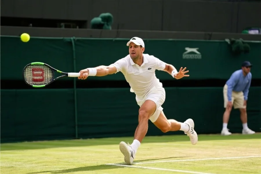 网球运动员在草地球场进行激烈比赛，动作迅猛，球飞速掠过