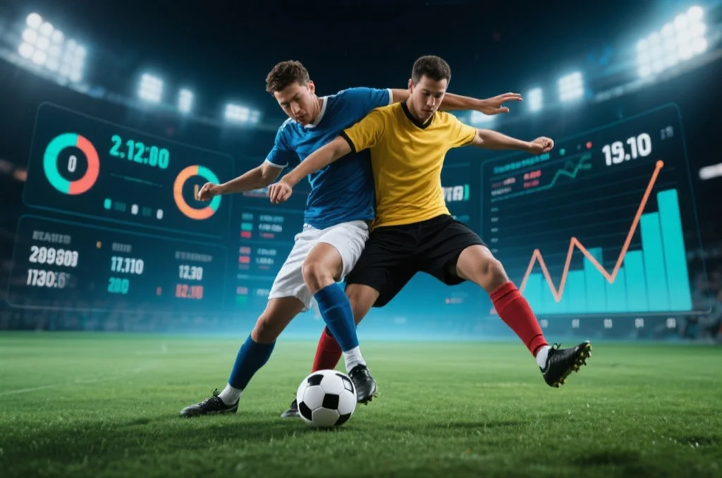 两名足球运动员在激烈争抢足球，背景显示实时比赛数据和图表元素